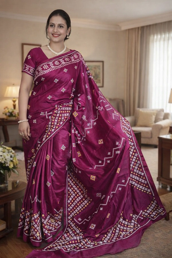 SKU1516 : Tussar Silk Saree with Acid Painting & Gujarati Handwork | Premium Festive & Wedding Wear Saree - Dry Clean, Yes