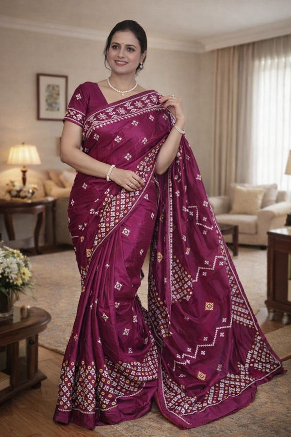 SKU1516 : Tussar Silk Saree with Acid Painting & Gujarati Handwork | Premium Festive & Wedding Wear Saree - Dry Clean, Yes
