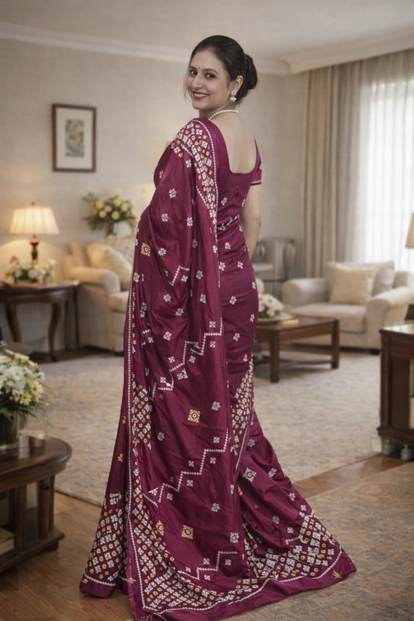 SKU1516 : Tussar Silk Saree with Acid Painting & Gujarati Handwork | Premium Festive & Wedding Wear Saree - Dry Clean, Yes