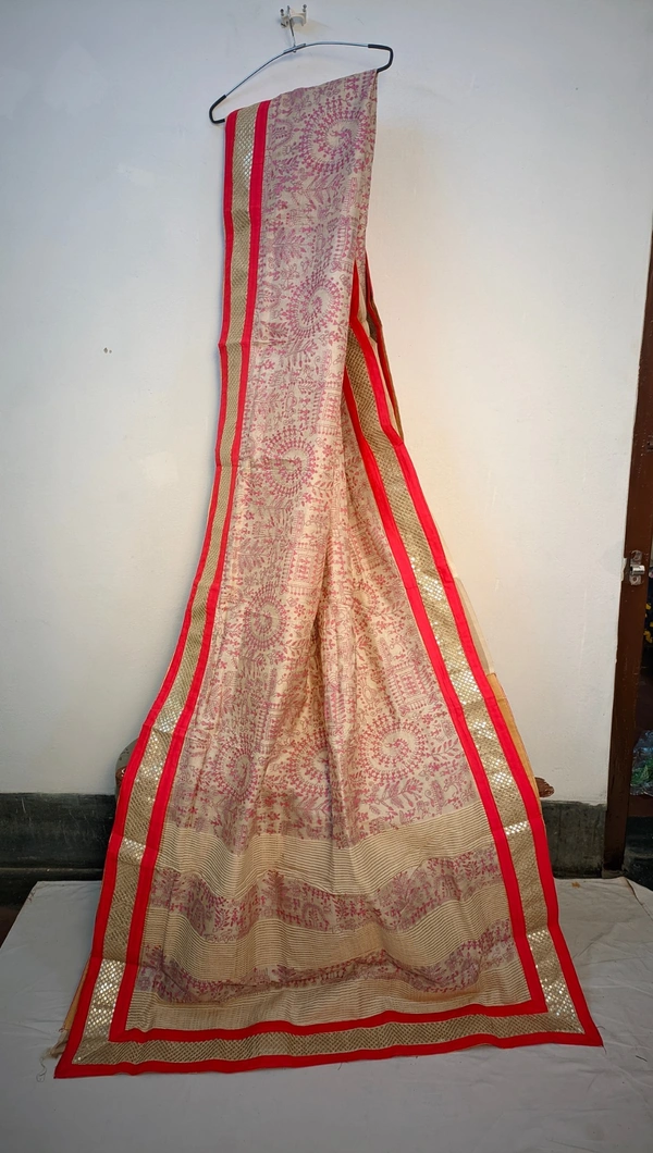 SKU0239 : Pure Tussar Silk Saree with Elegant | Border Zardosi | Embroidery - Cream Colour, Hand Wash, Yes