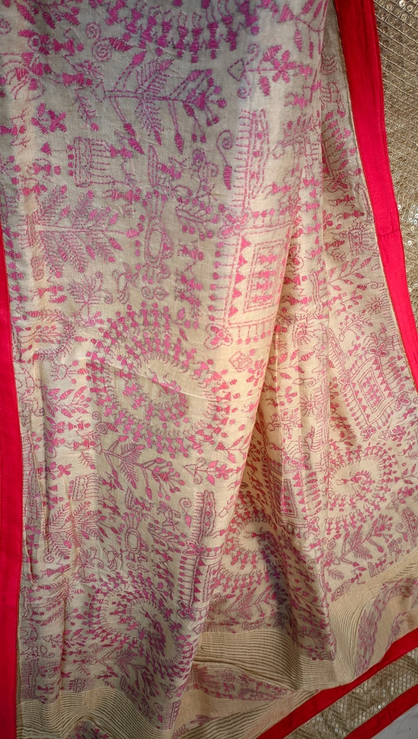 SKU0239 : Pure Tussar Silk Saree with Elegant | Border Zardosi | Embroidery - Cream Colour, Hand Wash, Yes