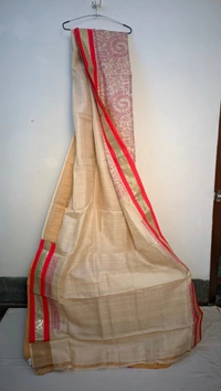 SKU0239 : Pure Tussar Silk Saree with Elegant | Border Zardosi | Embroidery - Cream Colour, Hand Wash, Yes
