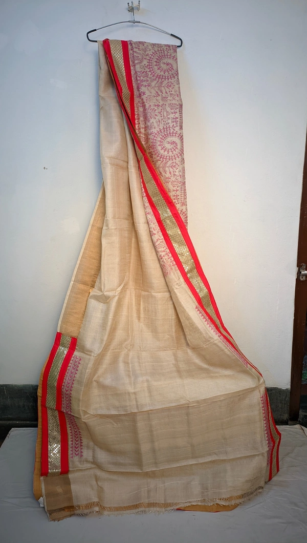 SKU0239 : Pure Tussar Silk Saree with Elegant | Border Zardosi | Embroidery - Cream Colour, Hand Wash, Yes