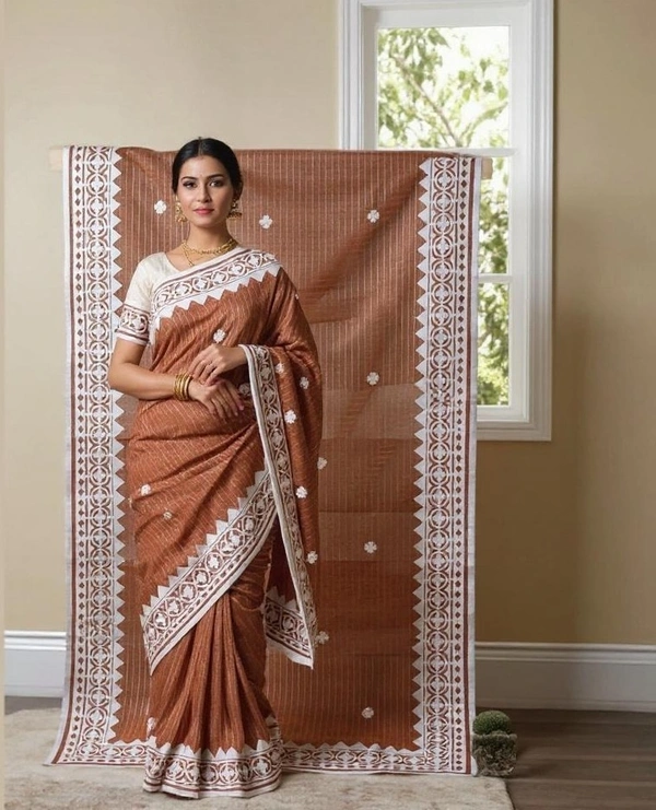 SKU0380 : Pure Cotton Saree – Handwoven, Lightweight & Breathable Fabric | Applic Work - Brown, Geometric, Dry Clean Only, Yes