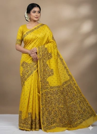 SKU0966 : Pure Silk Kantha Stitch Saree – Handcrafted Bengal - Kantha Stitch, Dry Clean Only, Yes