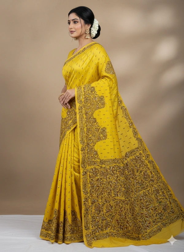 SKU0966 : Pure Silk Kantha Stitch Saree – Handcrafted Bengal - Kantha Stitch, Dry Clean Only, Yes