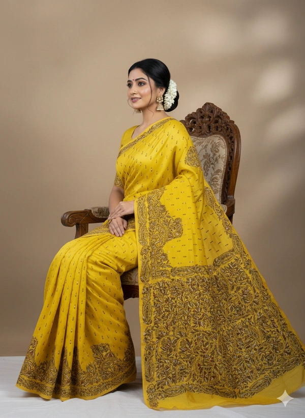 SKU0966 : Pure Silk Kantha Stitch Saree – Handcrafted Bengal - Kantha Stitch, Dry Clean Only, Yes