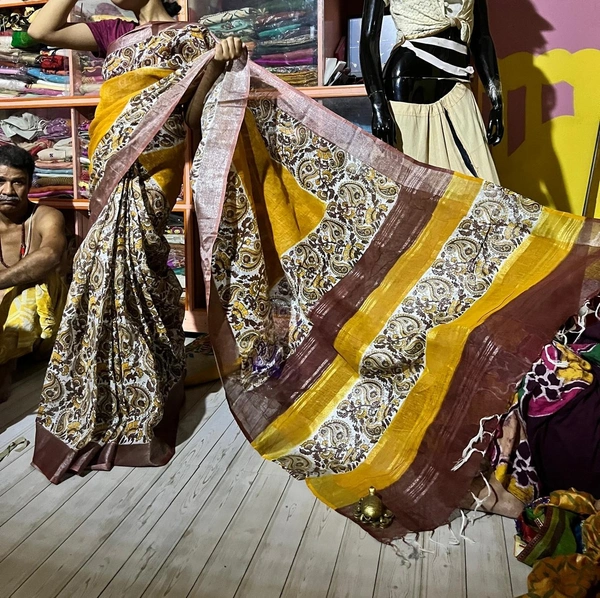 SKU1518 : Linen Saree with Hand Block Print | Lightweight Elegant Daily & Festive Wear Saree