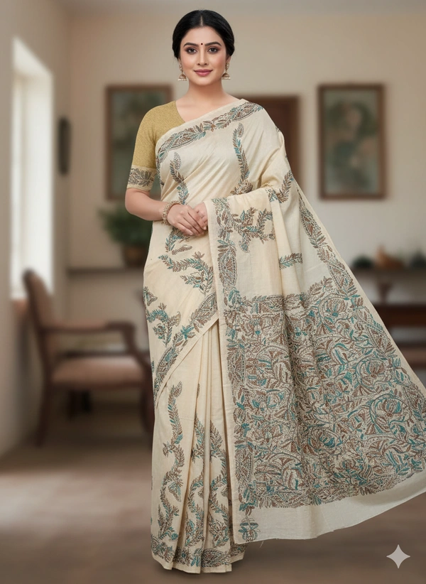 SKU0967 : Pure Silk Kantha Stitch Saree – Handcrafted Bengal - Kantha Stitch, Dry Clean Only, Yes