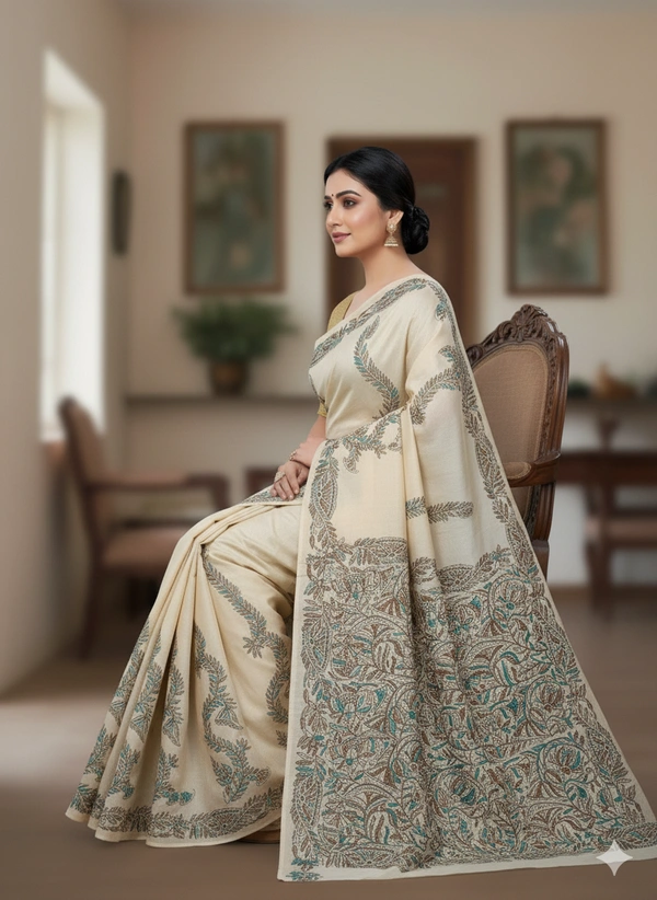 SKU0967 : Pure Silk Kantha Stitch Saree – Handcrafted Bengal - Kantha Stitch, Dry Clean Only, Yes