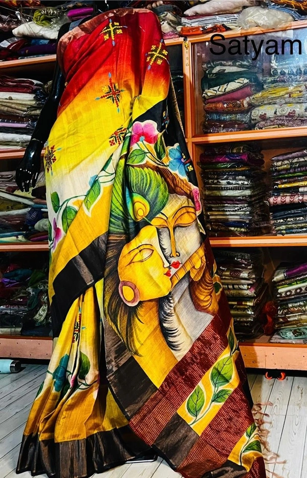 SKU1519 : Pure Tussar Silk Saree with Gujrati Work - Acid Painting