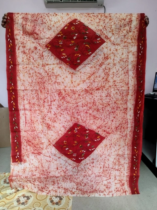 SKU1682 : Handcrafted Mulmul Batik Kantha Stitch Saree for Women | Soft Cotton Mulmul Saree | Traditional Handwoven Ethnic Wear - Hand Wash