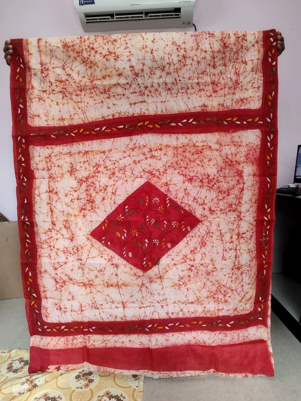 SKU1682 : Handcrafted Mulmul Batik Kantha Stitch Saree for Women | Soft Cotton Mulmul Saree | Traditional Handwoven Ethnic Wear - Hand Wash