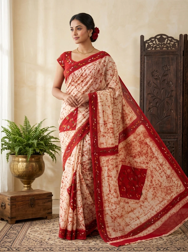 SKU1682 : Handcrafted Mulmul Batik Kantha Stitch Saree for Women | Soft Cotton Mulmul Saree | Traditional Handwoven Ethnic Wear - Hand Wash