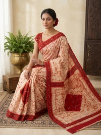 SKU1682 : Handcrafted Mulmul Batik Kantha Stitch Saree for Women | Soft Cotton Mulmul Saree | Traditional Handwoven Ethnic Wear - Hand Wash