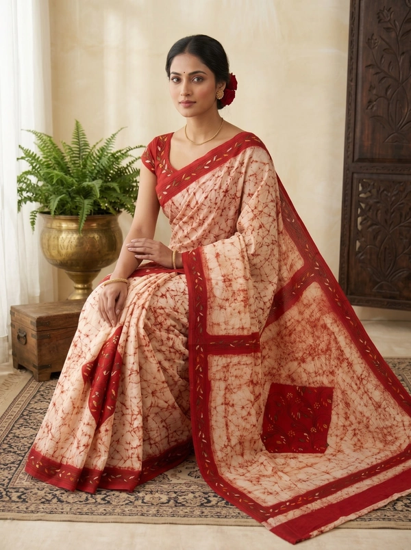 SKU1682 : Handcrafted Mulmul Batik Kantha Stitch Saree for Women | Soft Cotton Mulmul Saree | Traditional Handwoven Ethnic Wear - Hand Wash