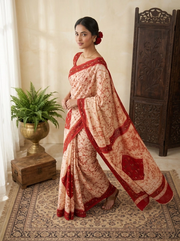 SKU1682 : Handcrafted Mulmul Batik Kantha Stitch Saree for Women | Soft Cotton Mulmul Saree | Traditional Handwoven Ethnic Wear - Hand Wash