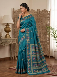 SKU1688 : Elegant Bangalore Silk Printed Saree for Women | Soft Lightweight Traditional & Party Wear Saree with Stylish Print Design - dry cleaning, Yes, Blue
