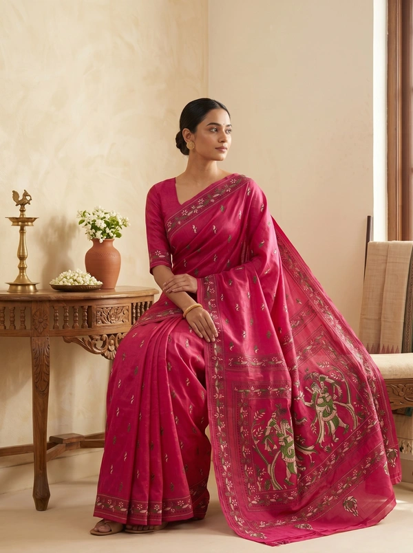 SKU1690 : Handcrafted Kantha Stitch Cotton Saree for Women | Traditional Bengali Hand Embroidered Saree | Lightweight Ethnic Wear - Dry clean, Yes
