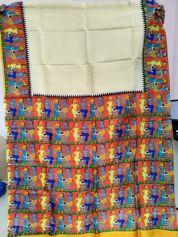 SKU1693 : Handcrafted Pattachitra Murshidabad Silk Saree for Women | Traditional Bengali Hand-Printed Pure Silk Saree | Ethnic Wedding, Festive & Party Wear - Dry clean only, Yes, White