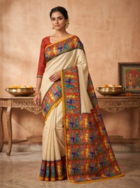 SKU1693 : Handcrafted Pattachitra Murshidabad Silk Saree for Women | Traditional Bengali Hand-Printed Pure Silk Saree | Ethnic Wedding, Festive & Party Wear - Dry clean only, Yes, White