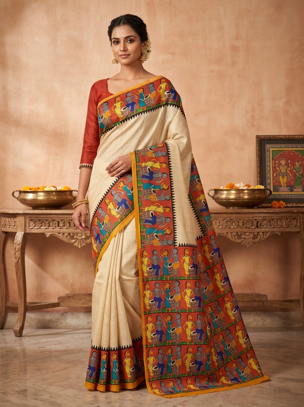SKU1693 : Handcrafted Pattachitra Murshidabad Silk Saree for Women | Traditional Bengali Hand-Printed Pure Silk Saree | Ethnic Wedding, Festive & Party Wear - Dry clean only, Yes, White