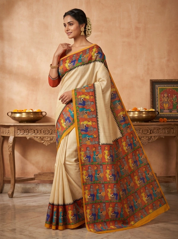 SKU1693 : Handcrafted Pattachitra Murshidabad Silk Saree for Women | Traditional Bengali Hand-Printed Pure Silk Saree | Ethnic Wedding, Festive & Party Wear - Dry clean only, Yes, White