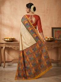 SKU1693 : Handcrafted Pattachitra Murshidabad Silk Saree for Women | Traditional Bengali Hand-Printed Pure Silk Saree | Ethnic Wedding, Festive & Party Wear - Dry clean only, Yes, White