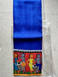 SKU1693 : Handcrafted Pattachitra Murshidabad Silk Saree for Women | Traditional Bengali Hand-Printed Pure Silk Saree | Ethnic Wedding, Festive & Party Wear - Dry clean only, Yes, Denim