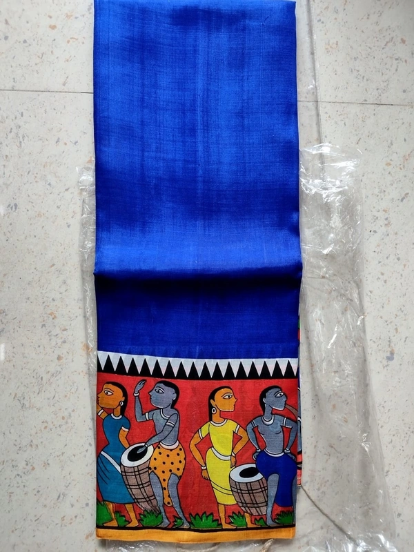 SKU1693 : Handcrafted Pattachitra Murshidabad Silk Saree for Women | Traditional Bengali Hand-Printed Pure Silk Saree | Ethnic Wedding, Festive & Party Wear - Dry clean only, Yes, Denim