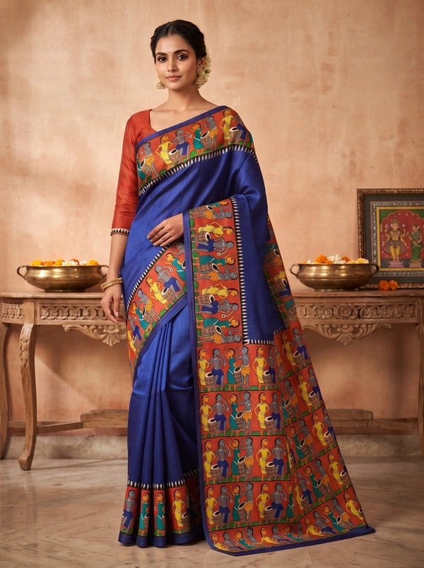 SKU1693 : Handcrafted Pattachitra Murshidabad Silk Saree for Women | Traditional Bengali Hand-Printed Pure Silk Saree | Ethnic Wedding, Festive & Party Wear - Dry clean only, Yes, Denim