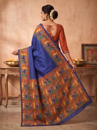 SKU1693 : Handcrafted Pattachitra Murshidabad Silk Saree for Women | Traditional Bengali Hand-Printed Pure Silk Saree | Ethnic Wedding, Festive & Party Wear - Dry clean only, Yes, Denim
