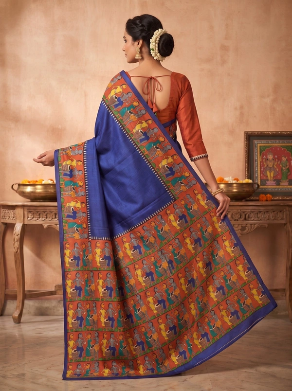 SKU1693 : Handcrafted Pattachitra Murshidabad Silk Saree for Women | Traditional Bengali Hand-Printed Pure Silk Saree | Ethnic Wedding, Festive & Party Wear - Dry clean only, Yes, Denim