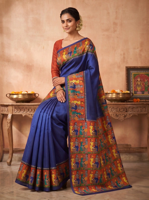 SKU1693 : Handcrafted Pattachitra Murshidabad Silk Saree for Women | Traditional Bengali Hand-Printed Pure Silk Saree | Ethnic Wedding, Festive & Party Wear - Dry clean only, Yes, Denim