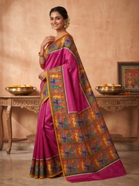 SKU1693 : Handcrafted Pattachitra Murshidabad Silk Saree for Women | Traditional Bengali Hand-Printed Pure Silk Saree | Ethnic Wedding, Festive & Party Wear - Dry clean only, Yes, Pink