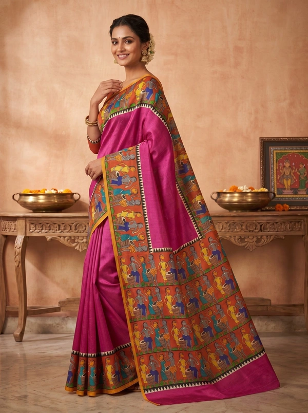 SKU1693 : Handcrafted Pattachitra Murshidabad Silk Saree for Women | Traditional Bengali Hand-Printed Pure Silk Saree | Ethnic Wedding, Festive & Party Wear - Dry clean only, Yes, Pink