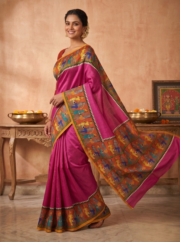 SKU1693 : Handcrafted Pattachitra Murshidabad Silk Saree for Women | Traditional Bengali Hand-Printed Pure Silk Saree | Ethnic Wedding, Festive & Party Wear - Dry clean only, Yes, Pink