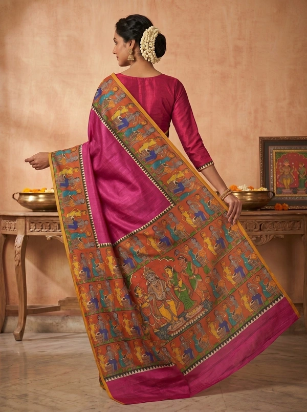SKU1693 : Handcrafted Pattachitra Murshidabad Silk Saree for Women | Traditional Bengali Hand-Printed Pure Silk Saree | Ethnic Wedding, Festive & Party Wear - Dry clean only, Yes, Pink