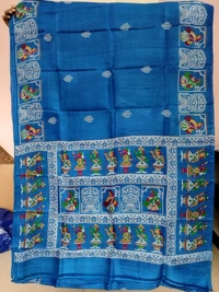 SKU1693 : Handcrafted Pattachitra Murshidabad Silk Saree for Women | Traditional Bengali Hand-Printed Pure Silk Saree | Ethnic Wedding, Festive & Party Wear - Dry clean only, Yes, Lite Blue
