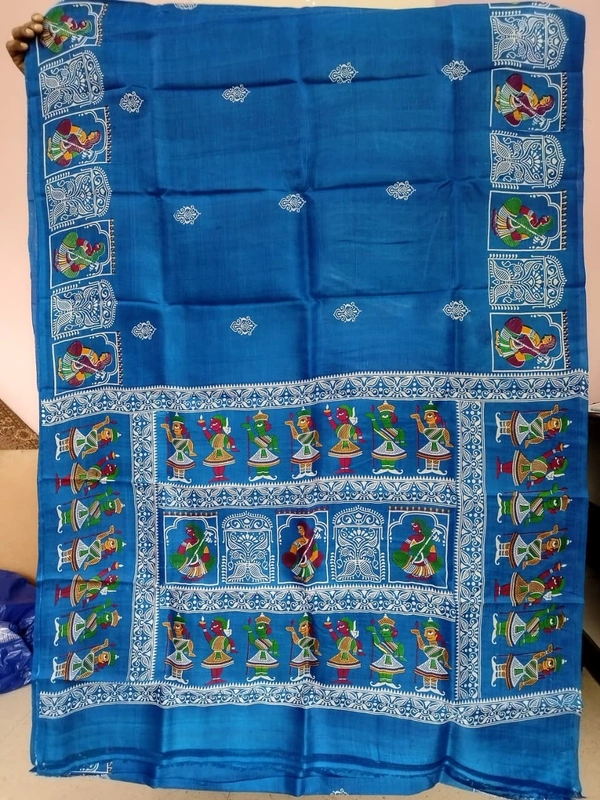 SKU1693 : Handcrafted Pattachitra Murshidabad Silk Saree for Women | Traditional Bengali Hand-Printed Pure Silk Saree | Ethnic Wedding, Festive & Party Wear - Dry clean only, Yes, Lite Blue