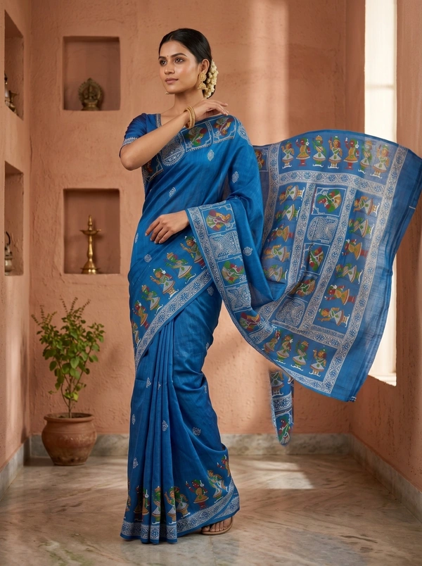 SKU1693 : Handcrafted Pattachitra Murshidabad Silk Saree for Women | Traditional Bengali Hand-Printed Pure Silk Saree | Ethnic Wedding, Festive & Party Wear - Dry clean only, Yes, Lite Blue