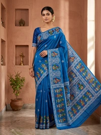 SKU1693 : Handcrafted Pattachitra Murshidabad Silk Saree for Women | Traditional Bengali Hand-Printed Pure Silk Saree | Ethnic Wedding, Festive & Party Wear - Dry clean only, Yes, Lite Blue