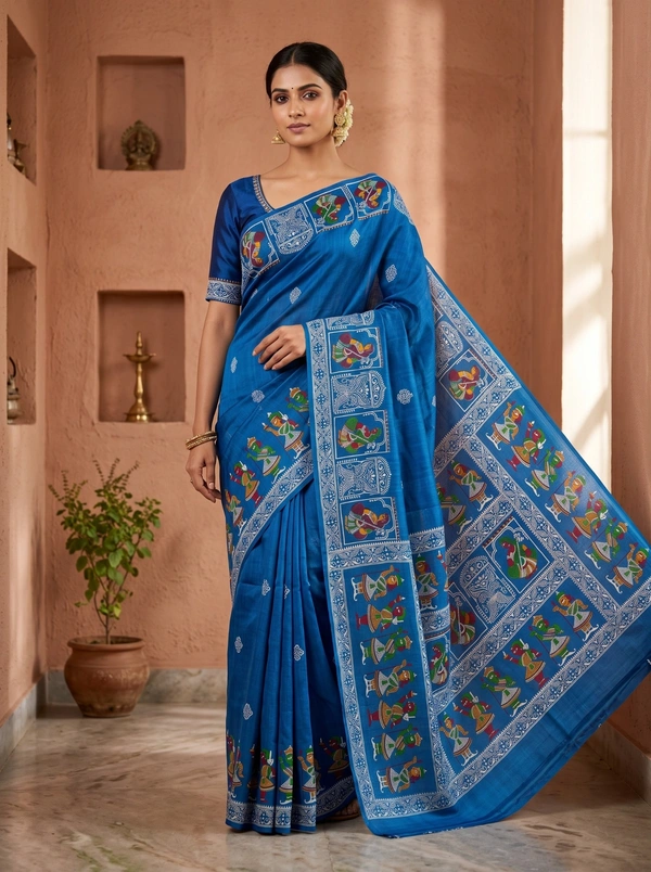 SKU1693 : Handcrafted Pattachitra Murshidabad Silk Saree for Women | Traditional Bengali Hand-Printed Pure Silk Saree | Ethnic Wedding, Festive & Party Wear - Dry clean only, Yes, Lite Blue