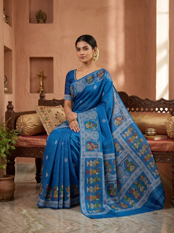 SKU1693 : Handcrafted Pattachitra Murshidabad Silk Saree for Women | Traditional Bengali Hand-Printed Pure Silk Saree | Ethnic Wedding, Festive & Party Wear - Dry clean only, Yes, Lite Blue