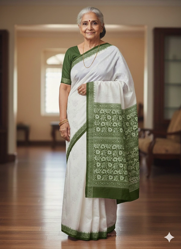 SKU1034 : Mulmul Cotton Saree, Lightweight saree - Hand Wash, No, Green