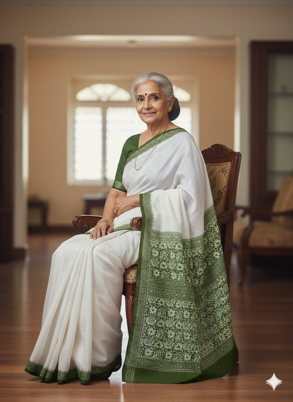 SKU1034 : Mulmul Cotton Saree, Lightweight saree - Hand Wash, No, Green