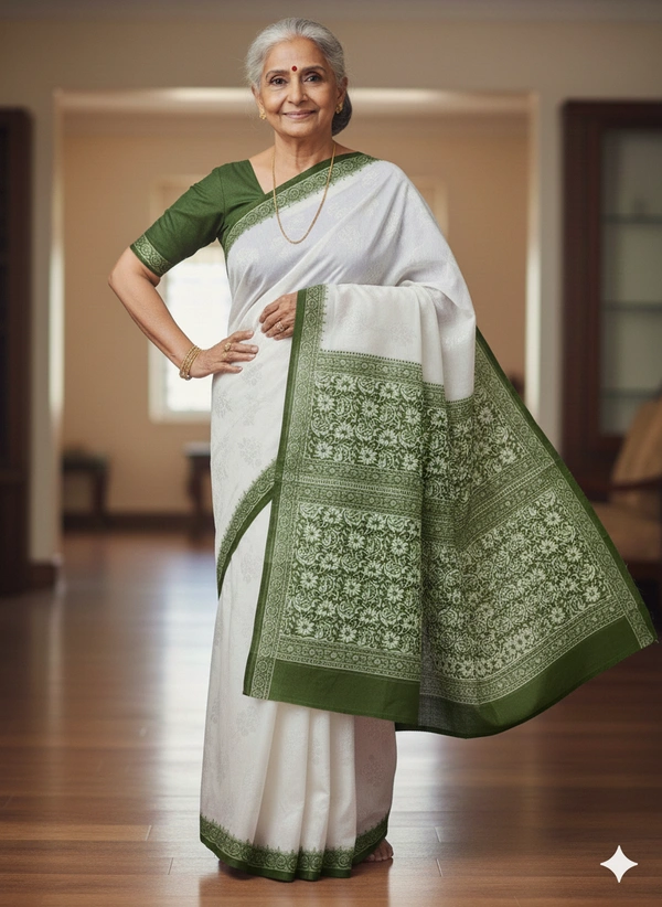 SKU1034 : Mulmul Cotton Saree, Lightweight saree - Hand Wash, No, Green