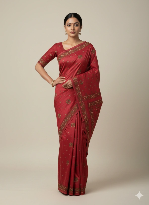  SKU0890 : Pure Silk Kantha Stitch Saree – Handcrafted Bengal - Kantha Stitch, Dry Clean Only, Yes