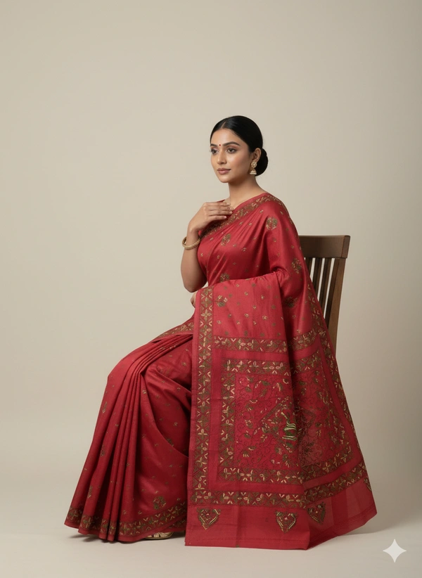  SKU0890 : Pure Silk Kantha Stitch Saree – Handcrafted Bengal - Kantha Stitch, Dry Clean Only, Yes