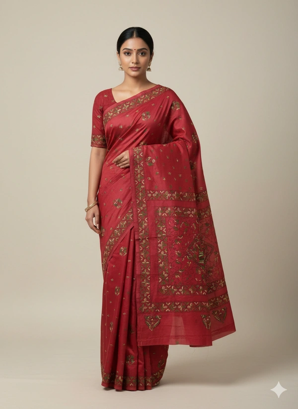  SKU0890 : Pure Silk Kantha Stitch Saree – Handcrafted Bengal - Kantha Stitch, Dry Clean Only, Yes